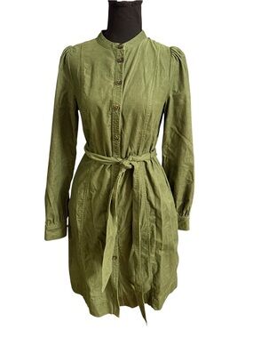 Olive Green Long-Sleeve Tie-Waist Shirt Dress Biden size 8L